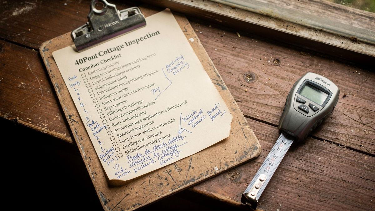 Printed 40-point inspection checklist on a clipboard beside a cottage window, with handwritten utility and road notes and a dated signature line